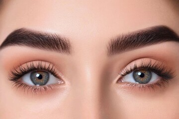 Fototapeta premium Close-Up Portrait of Young Woman's Beautiful Eye, Perfect Smooth Skin, Perfectly Shaped Eyebrow and Luscious Long Lashes. Beauty Products, Cosmetics, Make-Up. Advertisement of Eco Treatment, Skin Care