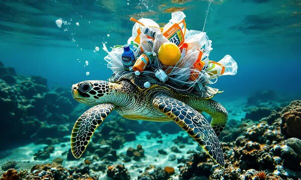 Sea Turtle Carrying Plastic Waste in a Vibrant Ocean