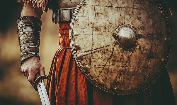 Warrior holding shield and sword,  historical attire, outdoors