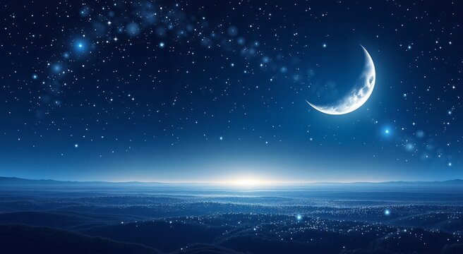 Ramadan Night Sky Banner. Tranquil crescent moon & stars for spiritual themes, dreamy backgrounds, website headers, & promotional use.