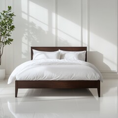 A dark espresso-finished wooden bed in a minimalist showroom setting with a reflective white floor. 