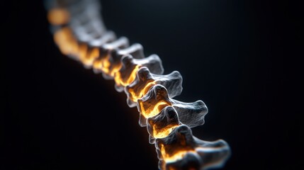 A highly detailed close-up of a human spine, isolated on a deep black background with soft, dramatic lighting. 