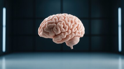 A hyper-realistic 3D rendering of a human brain, floating in a dark futuristic setting with soft neon blue lighting illuminating its intricate folds.