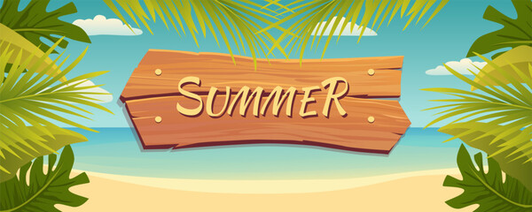 Tropical beach and a frame of leaves with a wooden sign with the inscription "summer". Summer holidays and holidays. Beach background with palm leaves. Summer poster, banner, flyer, cover, card, sale.