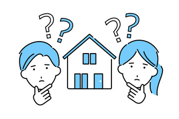 マイホーム購入に関して疑問を感じる若いカップルのイラスト