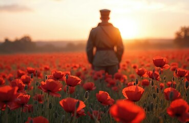 Soldier silhouette stands poppy field at sunset. Remembrance day, armistice concept. Poppies symbolise respect for fallen soldiers, tribute and sacrifice during war conflicts.