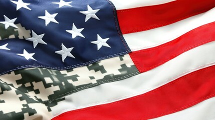 Obraz premium American flag, camouflage detail, waving, patriotic, background blur, memorial use