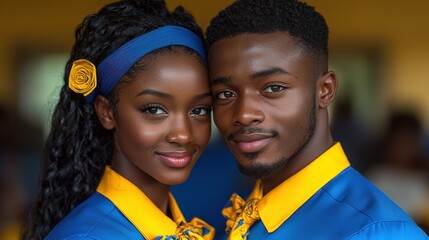 Young couple in vibrant blue and yellow attire smiling together