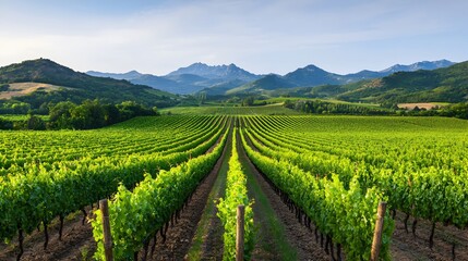 Fototapeta premium Serene Vineyard Landscape with Mountains and Blue Sky