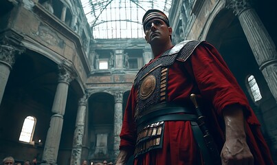 Roman soldier in ancient ruins, serious look, historical reenactment, possible use in history books or documentaries