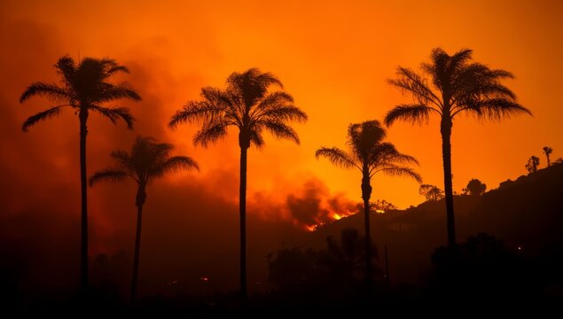 Wildfire engulfing hillside, palm trees silhouetted, orange sky, California - Powered by Adobe