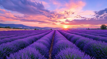 Obraz premium Lavender fields in Provence, a beautiful purple sky at sunset, landscape photography, a panoramic view, a sea of lavender flowers, colorful clouds, a blue sky,