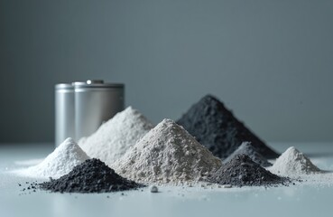Rechargeable batteries with lithium powder piles. Concept of modern energy storage materials. Sustainable alternative power source, clean energy technology. Compact batteries, modern component design.