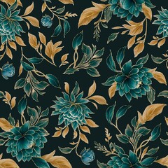 Big blue blossom flowers with golden leaves seamless pattern, gold botanical background