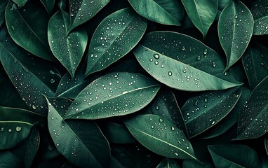 Obraz premium Abstract dark green leaves texture background with water drops, close-up view. Nature concept. Flat lay style. Stock photo with 2/3 space for text placement. 
