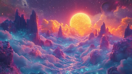Vibrant Cosmic Landscape with Colorful Mountains and Surreal Sunlit Sky, Evoking Fantasy Art and Dreamlike Scenes