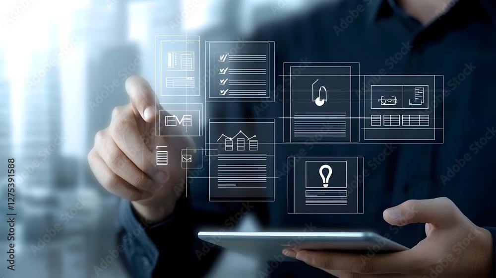 Poster Professional utilizing a digital tablet with a futuristic user friendly interface showcasing a floating survey checklist for seamless online evaluation quiz and feedback collection