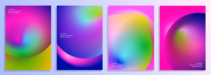 set of colorful abstract vivid layered circle radial gradient cover poster background design.