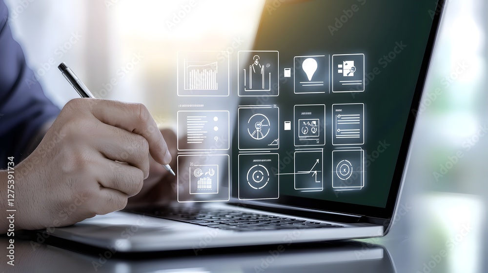 Poster Futuristic Digital Survey and Online Exam Interface on a Sleek Laptop with an Interactive Virtual Checklist for Real Time Data Collection and Analysis