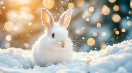 A curious white rabbit sits on soft snow, its fur blending beautifully with the winter scene. The bokeh background enhances this serene, magical moment.







