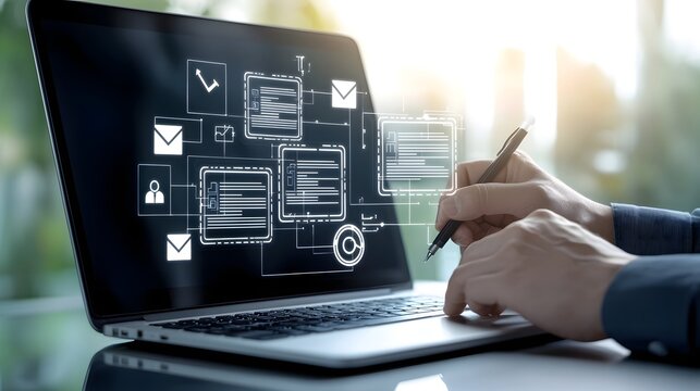 Futuristic digital assessment concept featuring a person interacting with a glowing virtual checklist on a laptop illuminated by soft natural light against a vibrant green background