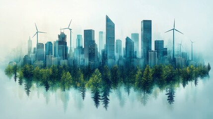 Obraz premium A stunning double-exposure cityscape blending an eco-friendly skyline with a lush forest backdrop, symbolizing sustainable urban development and nature harmony.