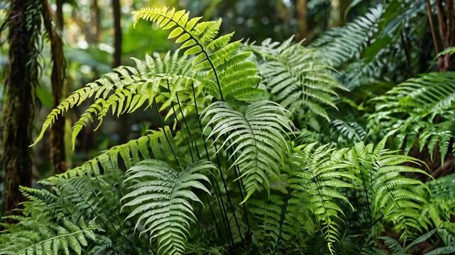 Lush green ferns in rainforest, sunlight dappled background, nature photography, website banner
