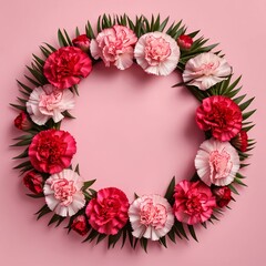 Obraz premium Pink and Red Carnation Flower Wreath on Pink Background