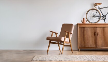 Stylish Scandinavian Minimalist Interior Chic Chair beside Retro Cabinet and Classic Vintage Bike, Illuminated by Natural Light in a Soothing Neutral Palette, Elevating Home Decor Inspiration.