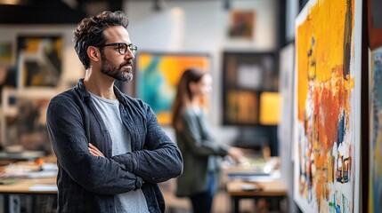 Obraz premium Creative Workspace with Colorful Art and Engaged Art Enthusiasts