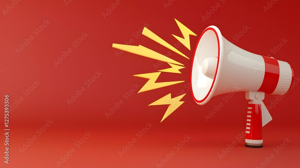 Poster 3d of a red and white megaphone projecting bold yellow lightning effects symbolizing loud alerts and