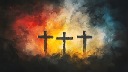 Poetic and emotive watercolor painting portraying three crosses under a turbulent sky with moody earth tones and abstract expressive brushstrokes symbolizing sacrifice and redemption