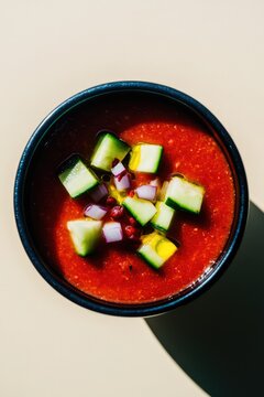 Bright red soup topped with fresh diced vegetables, showcasing v