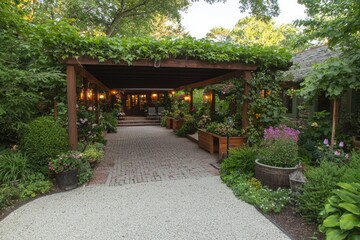 Serene Garden Path Leading to Luxurious Home Entrance