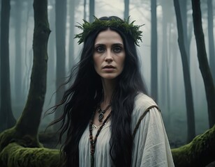 Fototapeta premium Mystical Woman in Foggy Forest