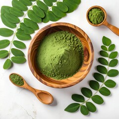 Moringa Powder in Wooden Bowl with Fresh Leaves
