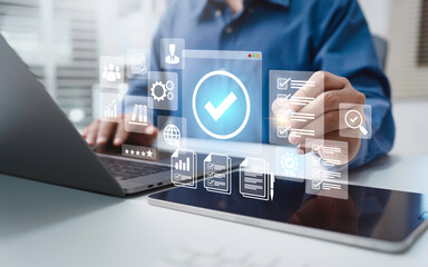 Quality control management with Quality Control QC and Quality Assurance QA to Compliance to regulations and standards and improvement. Standardization validation and certification concept.