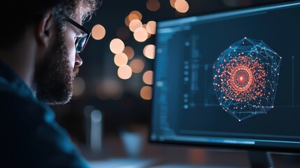 An aerospace engineer working on the design of a spacecraft using CAD software, with a focus on the intricate details of the model, highlighting innovation and technological advancement
