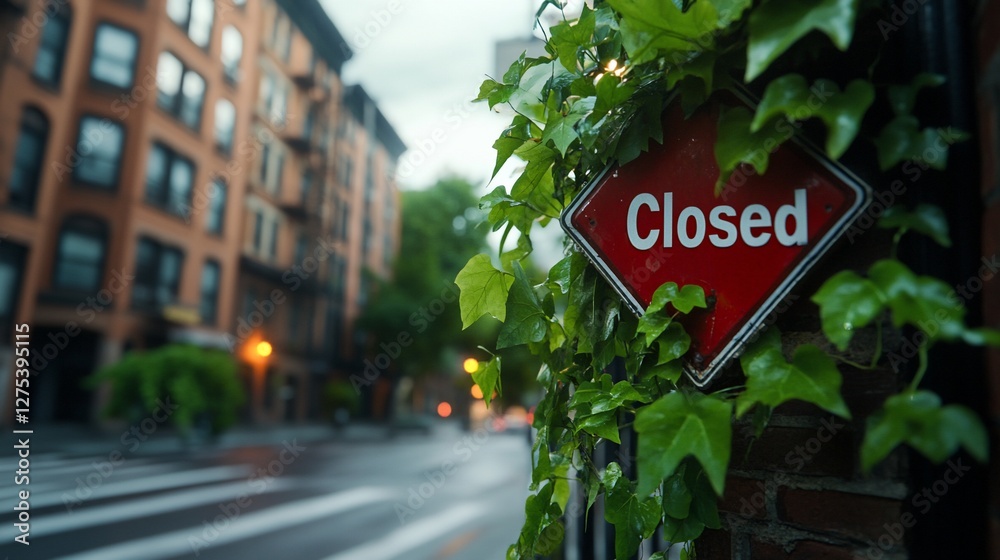 Wall mural Closed shop sign, city street, rain, evening