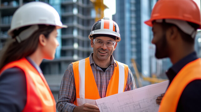 Building Safety Month, A building engineer wearing helmet and orange safety vest inspecting the structure of a high-rise building, Ai generated images