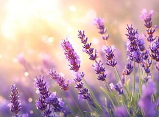 Obraz premium Beautiful lavender flower field background, purple color, summer nature landscape with soft focus and bokeh light in sunny day. Natural beauty of floral meadow in pastel colors. Soft blurred lavender 
