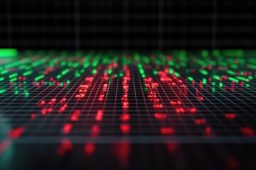 Dynamic grid showcasing vibrant red and green data points, symbo