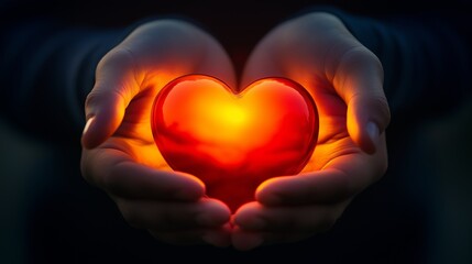 Obraz premium Hands holding a glowing red heart in the dark