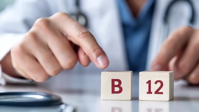 In the image, the hand of a man dressed in a medical gown points to two cubes. The letter "B" is written on one cube, and the number "12" is written on the other.