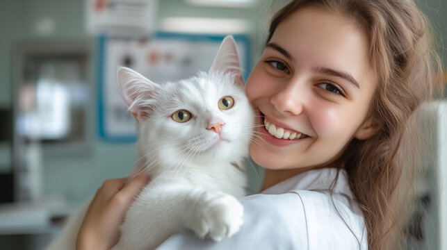 Chip Your Pet Month, A young woman smiles while hugging a white cat after it has been microchipped, Ai generated images - Powered by Adobe