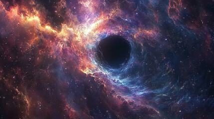 The image shows a black hole in space. Bright blue and purple streams of light and matter are visible around her.