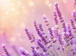 Fototapeta premium Beautiful lavender flower field background, purple color, summer nature landscape with soft focus and bokeh light in sunny day. Natural beauty of floral meadow in pastel colors. Soft blurred lavender 