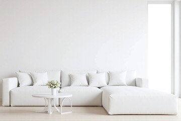 Modern living room white color scheme sofa side tables white flowers
