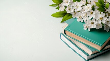 A serene arrangement of stacked teal books adorned with a bouquet of white flowers, creating a peaceful, inviting atmosphere.