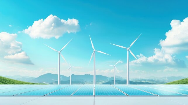 A vast field of solar panels absorbing sunlight, set against a backdrop of wind turbines generating clean energy.
